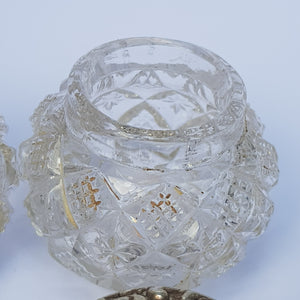 Sterling Silver Repousse Lidded Cut Glass Matched Pair Of Rouge Vanity Pots Antique Circa 1901