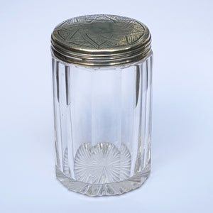 Sterling Silver Lidded Reeded Glass Cylindrical Vanity Jar Antique London Circa 1870