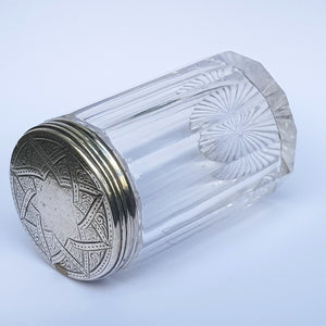 Sterling Silver Lidded Reeded Glass Cylindrical Vanity Jar Antique London Circa 1870