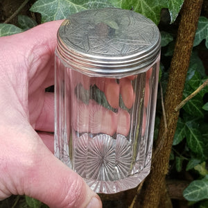 Sterling Silver Lidded Reeded Glass Cylindrical Vanity Jar Antique London Circa 1870