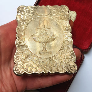 Sterling Silver Top Quality Foliate Chased Fountain And Urn Engraved Card Case In Original Case Antique Victorian Birmingham Circa 1846
