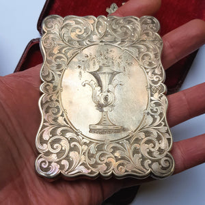 Sterling Silver Top Quality Foliate Chased Fountain And Urn Engraved Card Case In Original Case Antique Victorian Birmingham Circa 1846