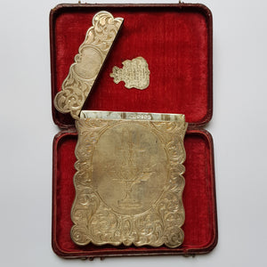 Sterling Silver Top Quality Foliate Chased Fountain And Urn Engraved Card Case In Original Case Antique Victorian Birmingham Circa 1846