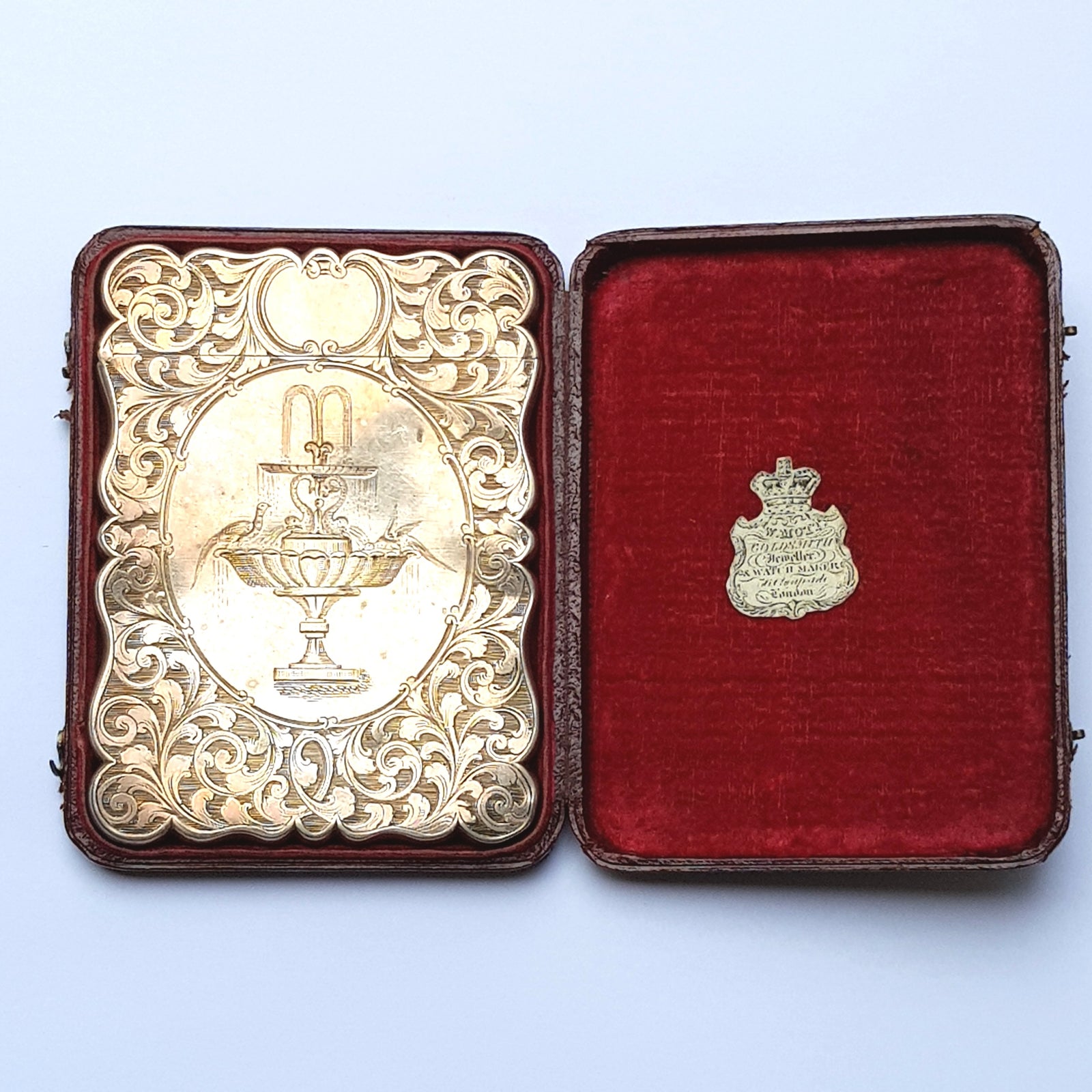 Sterling Silver Top Quality Foliate Chased Fountain And Urn Engraved Card Case In Original Case Antique Victorian Birmingham Circa 1846