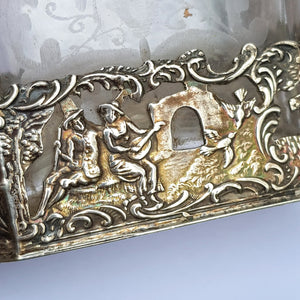 Dutch Sterling Silver Mounted Rare Pair Of Etched And Cut Glass Cherub Stoppered Perfume Bottles Antique Chester Import Circa 1913