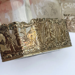 Dutch Sterling Silver Mounted Rare Pair Of Etched And Cut Glass Cherub Stoppered Perfume Bottles Antique Chester Import Circa 1913