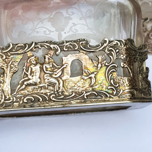 Dutch Sterling Silver Mounted Rare Pair Of Etched And Cut Glass Cherub Stoppered Perfume Bottles Antique Chester Import Circa 1913