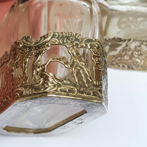 Dutch Sterling Silver Mounted Rare Pair Of Etched And Cut Glass Cherub Stoppered Perfume Bottles Antique Chester Import Circa 1913