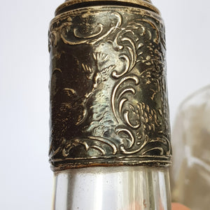 Dutch Sterling Silver Mounted Rare Pair Of Etched And Cut Glass Cherub Stoppered Perfume Bottles Antique Chester Import Circa 1913