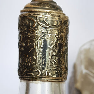 Dutch Sterling Silver Mounted Rare Pair Of Etched And Cut Glass Cherub Stoppered Perfume Bottles Antique Chester Import Circa 1913