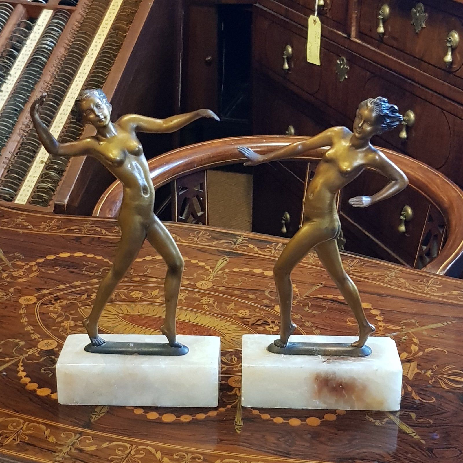 Rare Pair Of French Onyx Mounted Bronzed Spelter Dancing Nude Flapper Girl Statues Antique Art Deco Circa 1920's