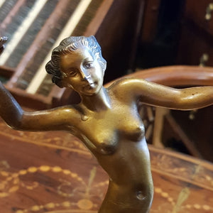 Rare Pair Of French Onyx Mounted Bronzed Spelter Dancing Nude Flapper Girl Statues Antique Art Deco Circa 1920's