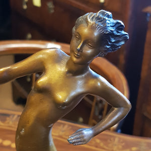 Rare Pair Of French Onyx Mounted Bronzed Spelter Dancing Nude Flapper Girl Statues Antique Art Deco Circa 1920's