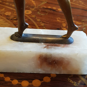 Rare Pair Of French Onyx Mounted Bronzed Spelter Dancing Nude Flapper Girl Statues Antique Art Deco Circa 1920's