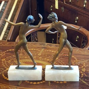 Rare Pair Of French Onyx Mounted Bronzed Spelter Dancing Nude Flapper Girl Statues Antique Art Deco Circa 1920's