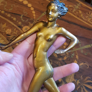 Rare Pair Of French Onyx Mounted Bronzed Spelter Dancing Nude Flapper Girl Statues Antique Art Deco Circa 1920's