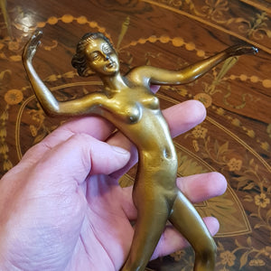 Rare Pair Of French Onyx Mounted Bronzed Spelter Dancing Nude Flapper Girl Statues Antique Art Deco Circa 1920's