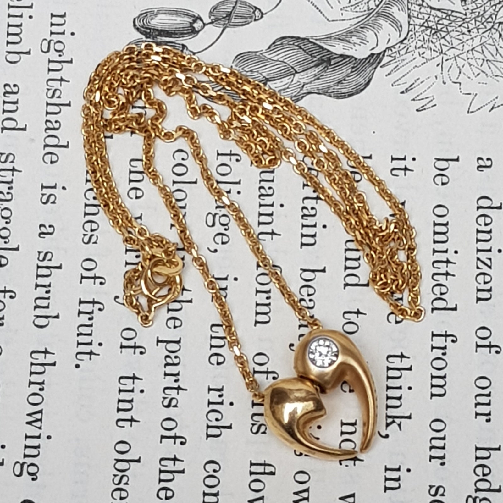 18k Gold Diamond Set Separated Love Heart Pendant On 18k Gold Chain Vintage Italy Circa 1980's