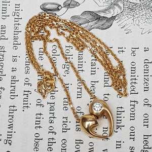18k Gold Diamond Set Separated Love Heart Pendant On 18k Gold Chain Vintage Italy Circa 1980's