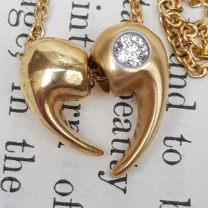 18k Gold Diamond Set Separated Love Heart Pendant On 18k Gold Chain Vintage Italy Circa 1980's