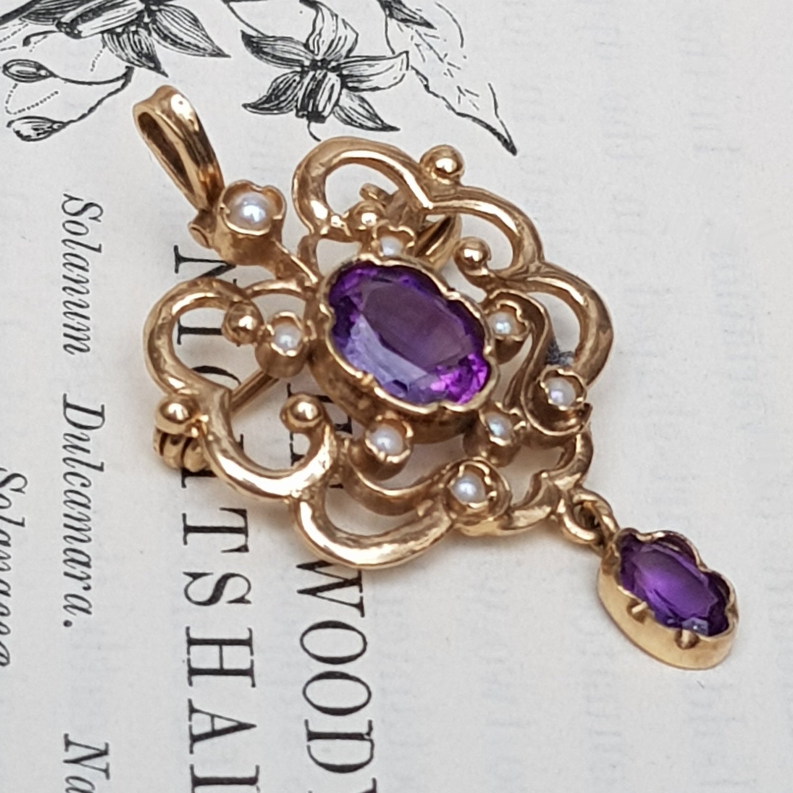 9k Gold Amethyst And Pearl Victorian Style Lavaliere Pendant Vintage Birmingham Circa 1987