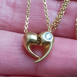 18k Gold Diamond Set Separated Love Heart Pendant On 18k Gold Chain Vintage Italy Circa 1980's