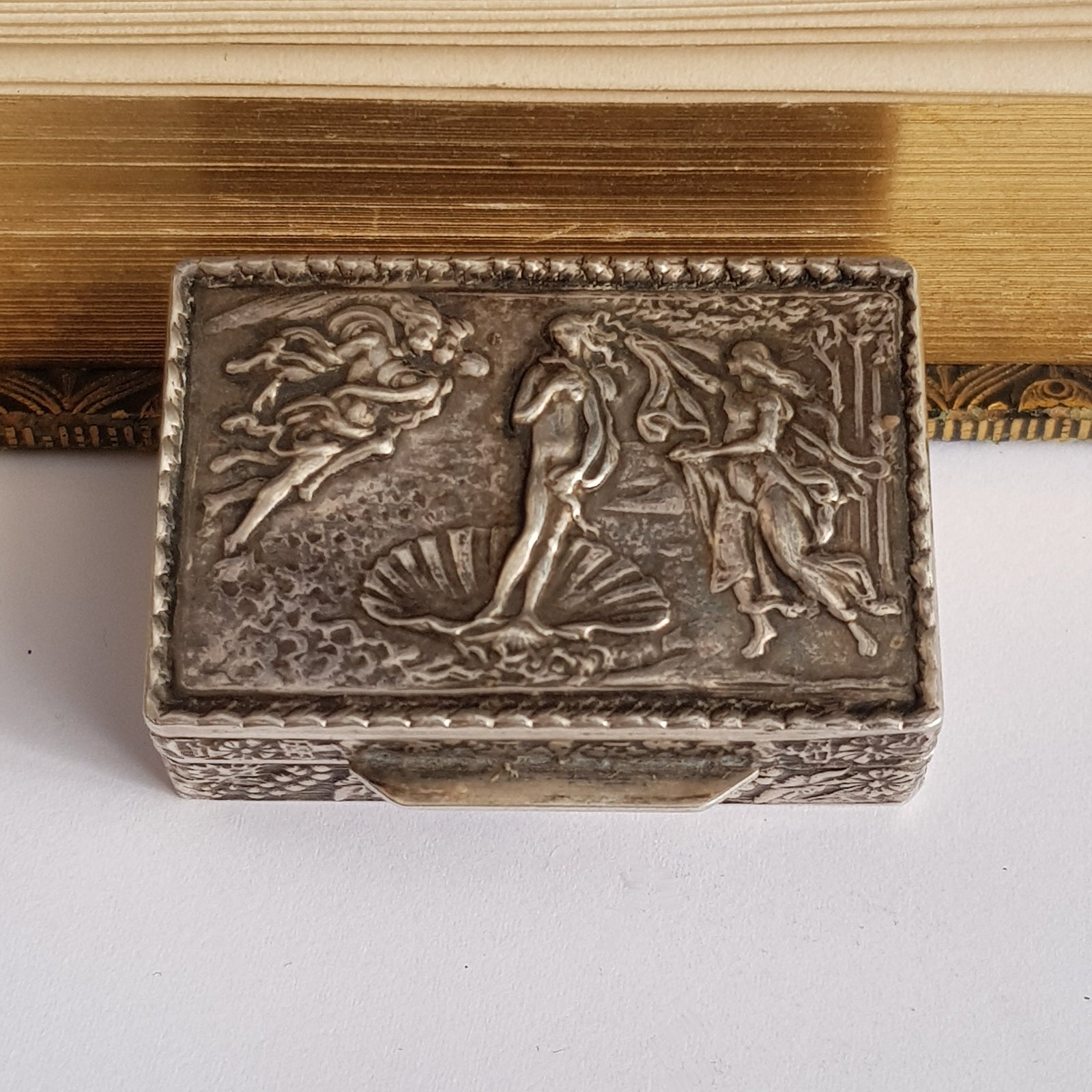 French Solid Silver Ethereal Neo Classical Scene Lidded Repousse Pill Box Antique circa 1910