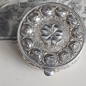 Sterling Silver English Rose And Clover Leaf Round Drum Pill Box Vintage Circa 1980's