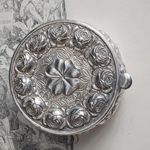 Sterling Silver English Rose And Clover Leaf Round Drum Pill Box Vintage Circa 1980's