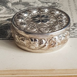 Sterling Silver English Rose And Clover Leaf Round Drum Pill Box Vintage Circa 1980's