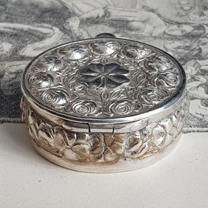Sterling Silver English Rose And Clover Leaf Round Drum Pill Box Vintage Circa 1980's
