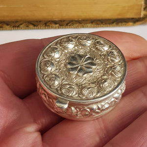 Sterling Silver English Rose And Clover Leaf Round Drum Pill Box Vintage Circa 1980's