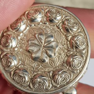 Sterling Silver English Rose And Clover Leaf Round Drum Pill Box Vintage Circa 1980's