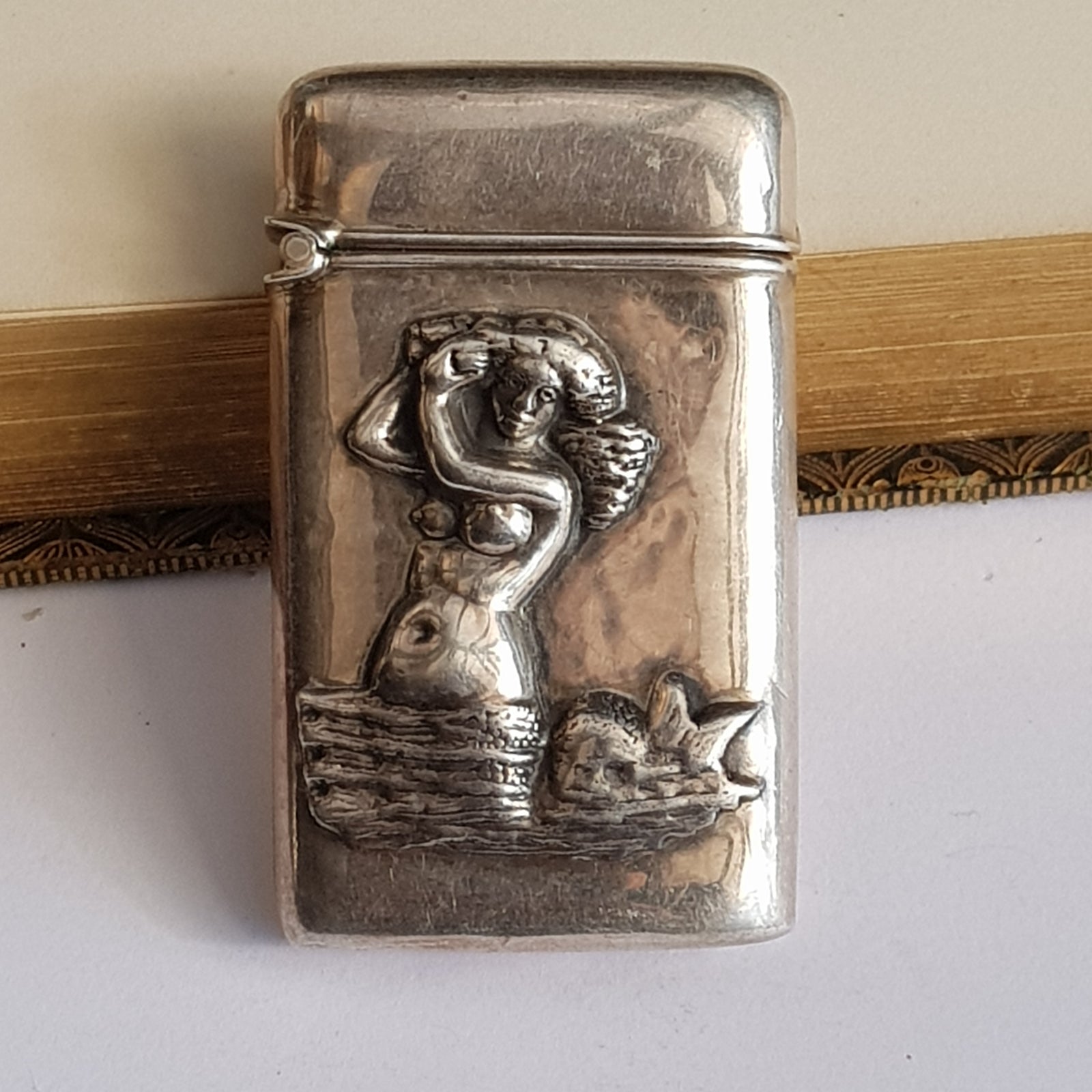Rare Sterling Silver Mermaid Combing Hair Match Vesta Case London Import Circa 1991