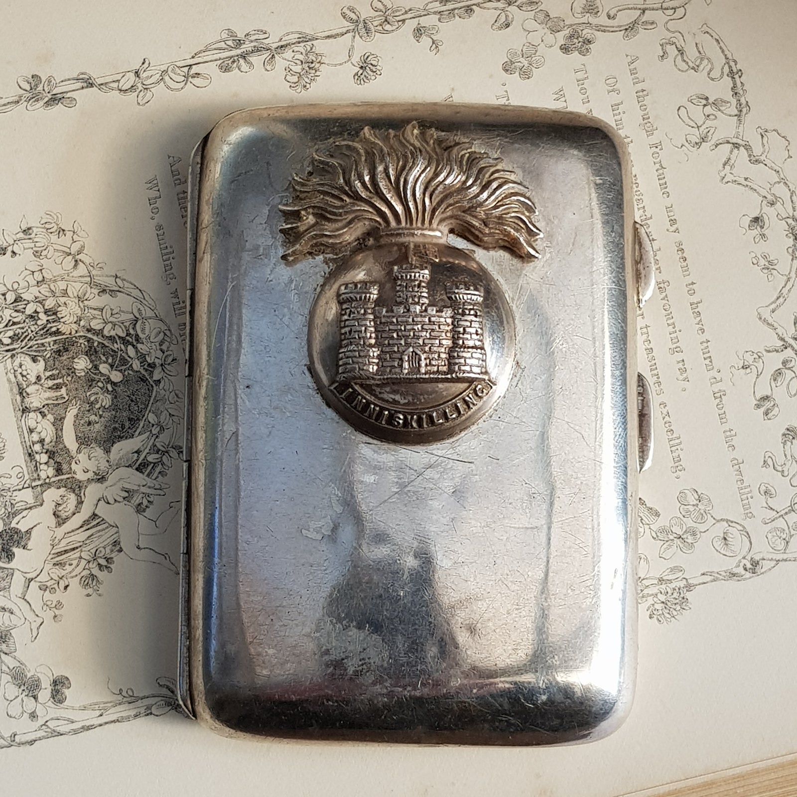 Sterling Silver Inniskilling Fusiliers Motif Cigarette Case Antique Birmingham circa 1914