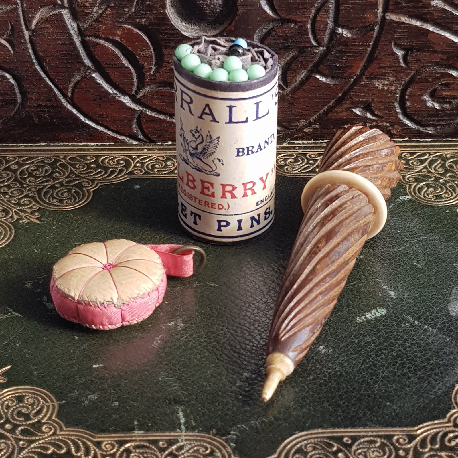 Collection of x3 Sewing Aides Pin Cushion Needle Case Bath Pins Advertising Antique Circa 1900