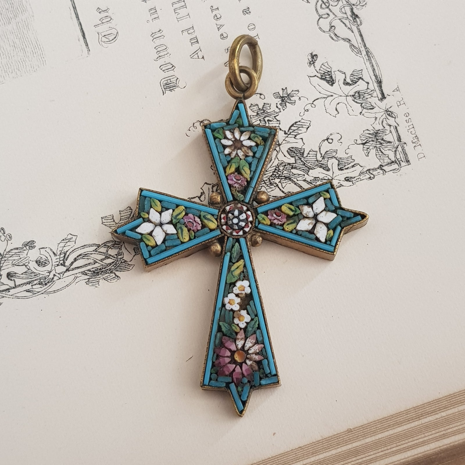 Gilt Metal Micro Mosaic Enamel Floral Detailed Cross Pendant Antique circa 1910