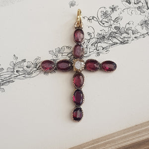 9k Gold Almandine Garnet Cross Pendant Antique Edwardian Circa 1910