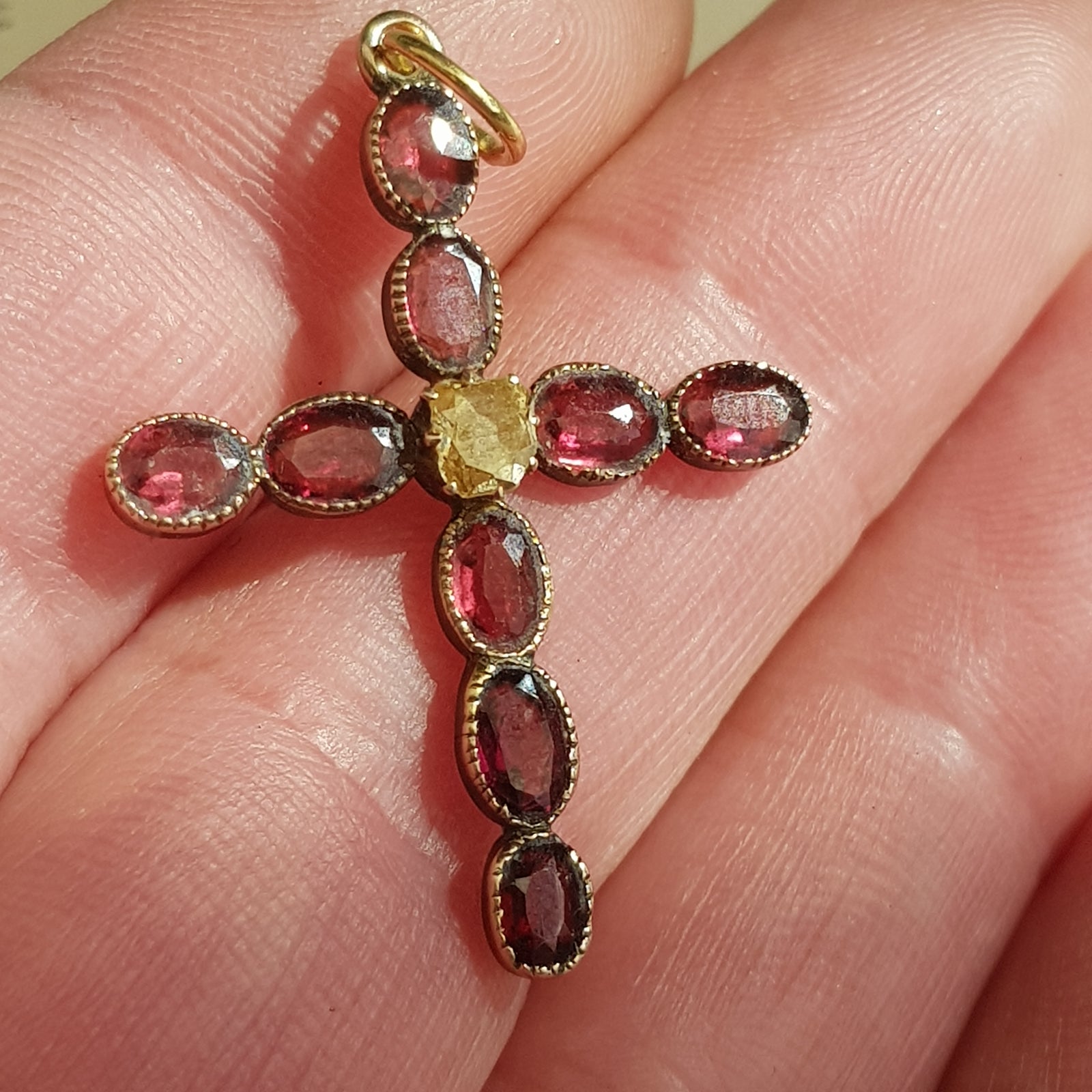 9k Gold Almandine Garnet Cross Pendant Antique Edwardian Circa 1910