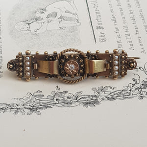 15k Gold Diamond And Pearl Ornate Bar Brooch Antique Victorian Chester Circa 1895
