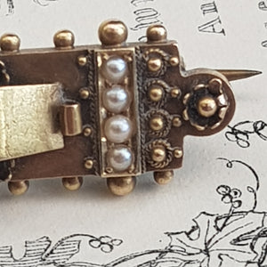 15k Gold Diamond And Pearl Ornate Bar Brooch Antique Victorian Chester Circa 1895