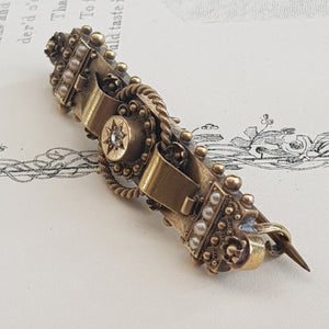 15k Gold Diamond And Pearl Ornate Bar Brooch Antique Victorian Chester Circa 1895