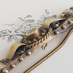 15k Gold Diamond And Pearl Ornate Bar Brooch Antique Victorian Chester Circa 1895