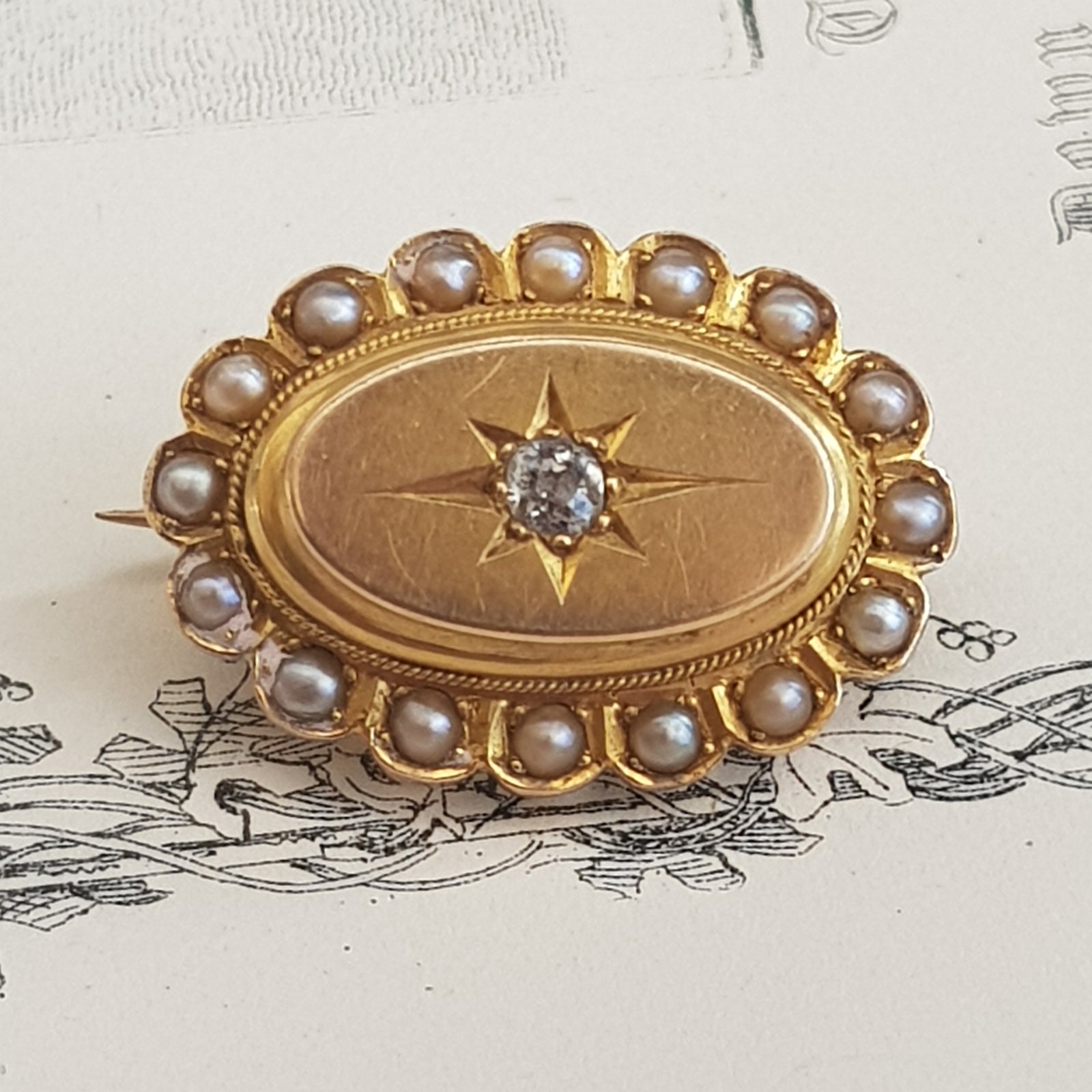 9k Gold Pearl Old Cut Diamond Lace Pin Brooch Engraved Irene Antique Circa 1840