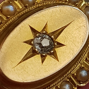 9k Gold Pearl Old Cut Diamond Lace Pin Brooch Engraved Irene Antique Circa 1840