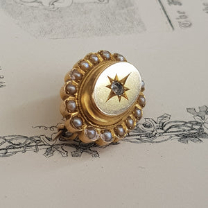 9k Gold Pearl Old Cut Diamond Lace Pin Brooch Engraved Irene Antique Circa 1840