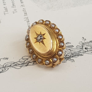 9k Gold Pearl Old Cut Diamond Lace Pin Brooch Engraved Irene Antique Circa 1840