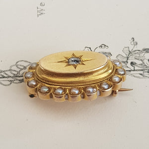 9k Gold Pearl Old Cut Diamond Lace Pin Brooch Engraved Irene Antique Circa 1840