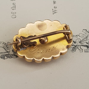 9k Gold Pearl Old Cut Diamond Lace Pin Brooch Engraved Irene Antique Circa 1840