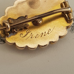 9k Gold Pearl Old Cut Diamond Lace Pin Brooch Engraved Irene Antique Circa 1840